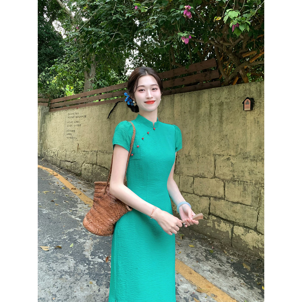 ZIHE Ice Silk Wrinkle-Resistant Long Qipao Dress