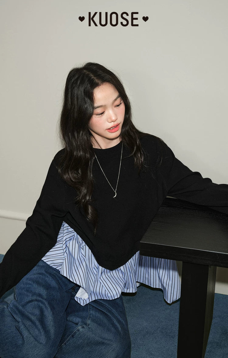 KUOSE Fake Two-piece Spliced Striped Sweater