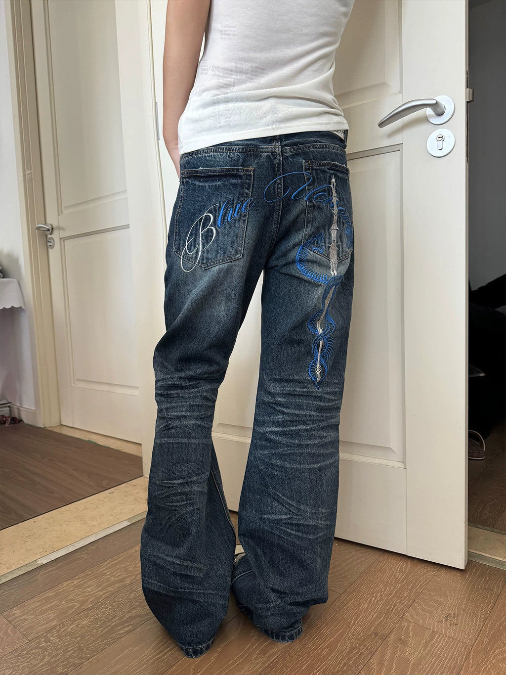 WASE Blue Bone Embroidery Slim Flare Jeans