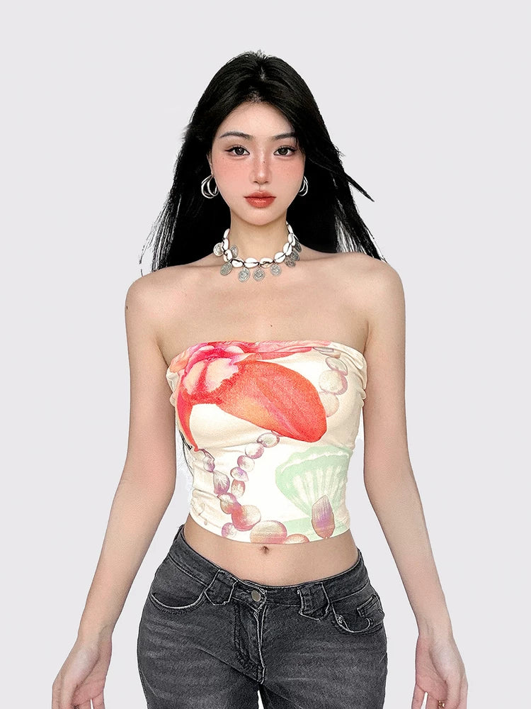 FUNOFF Vintage Floral Print Dew Collarbone Waist Tube Top