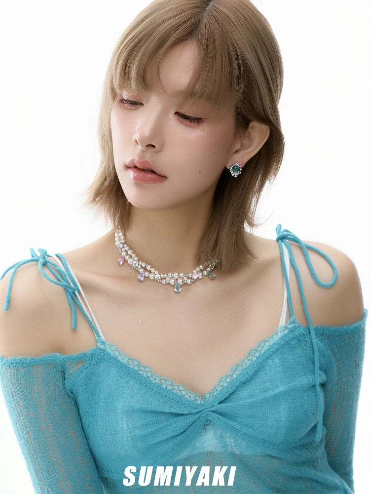 SUMIYAKI Rainbow Zircon Layered Pearl Choker Necklace