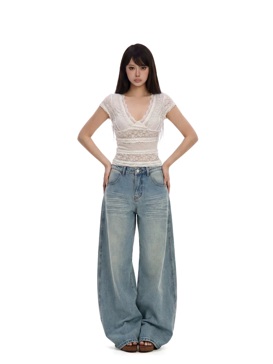 WITHMIN Vintage Straight Wide Leg Floor Mopping Jeans