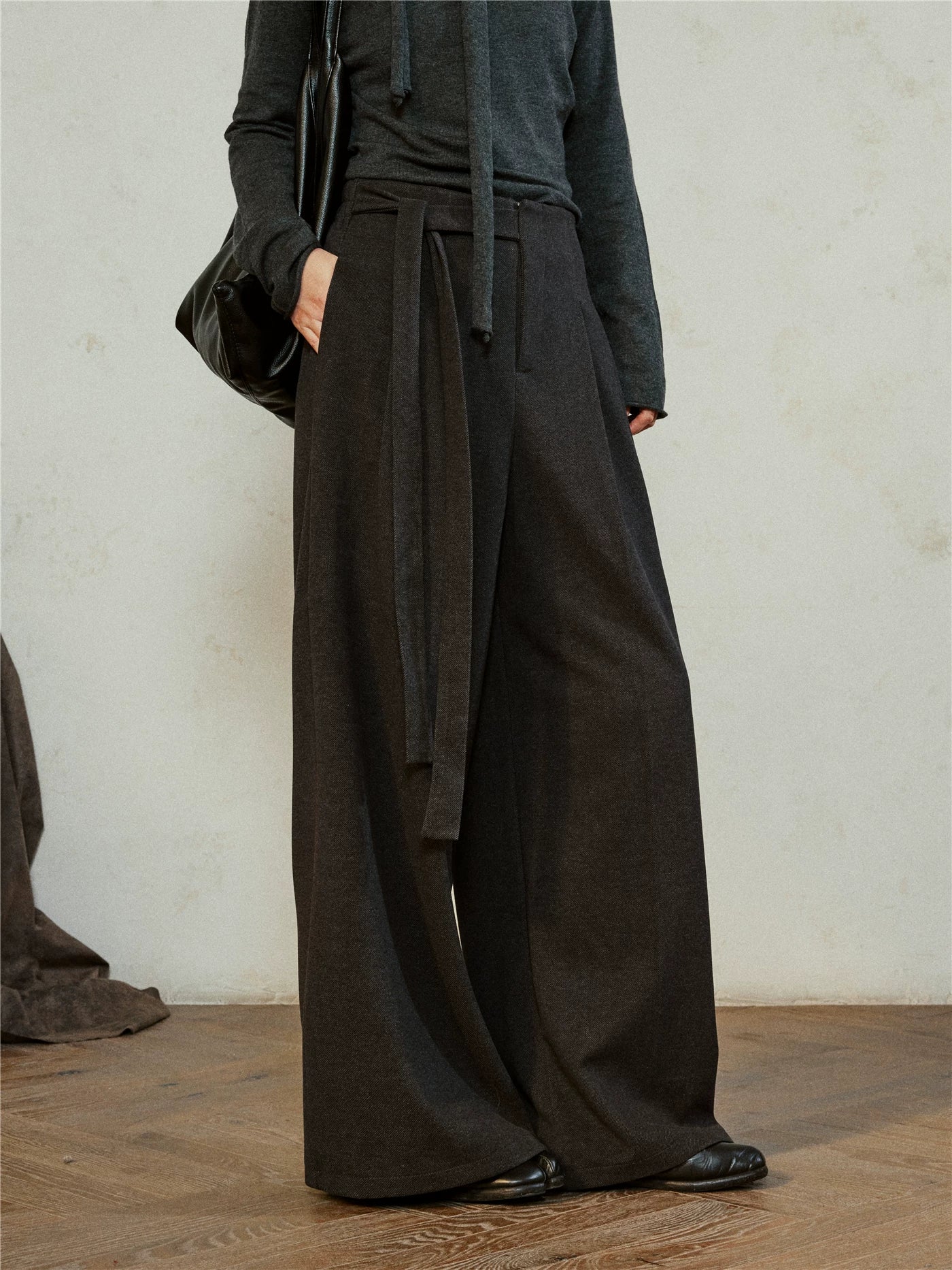 SUNYVONNE Minimalist Lazy Style Lace-Up Wide Leg Pants