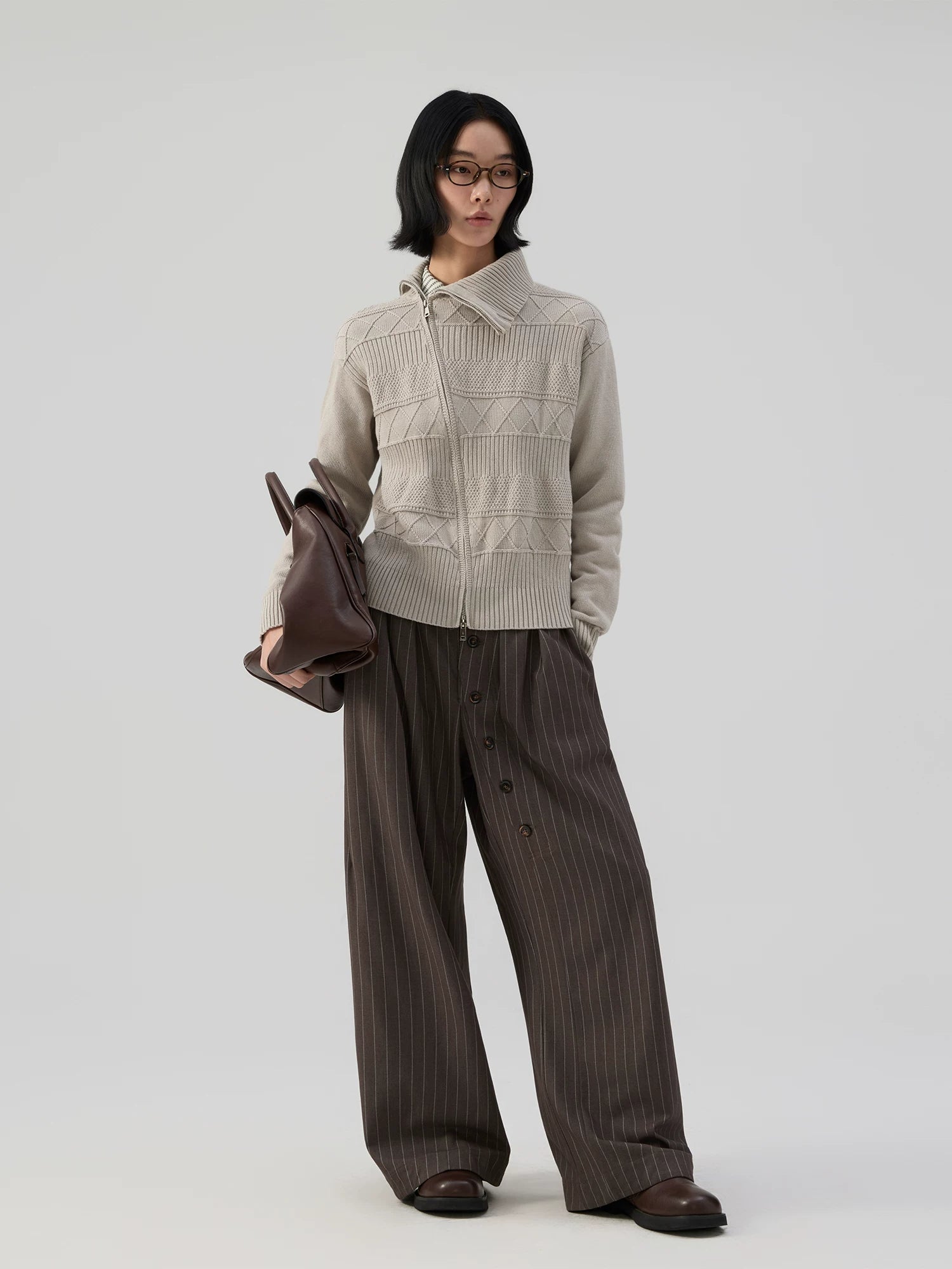 Sameuoo Slanted Placket Turtleneck Knitted Cardigan