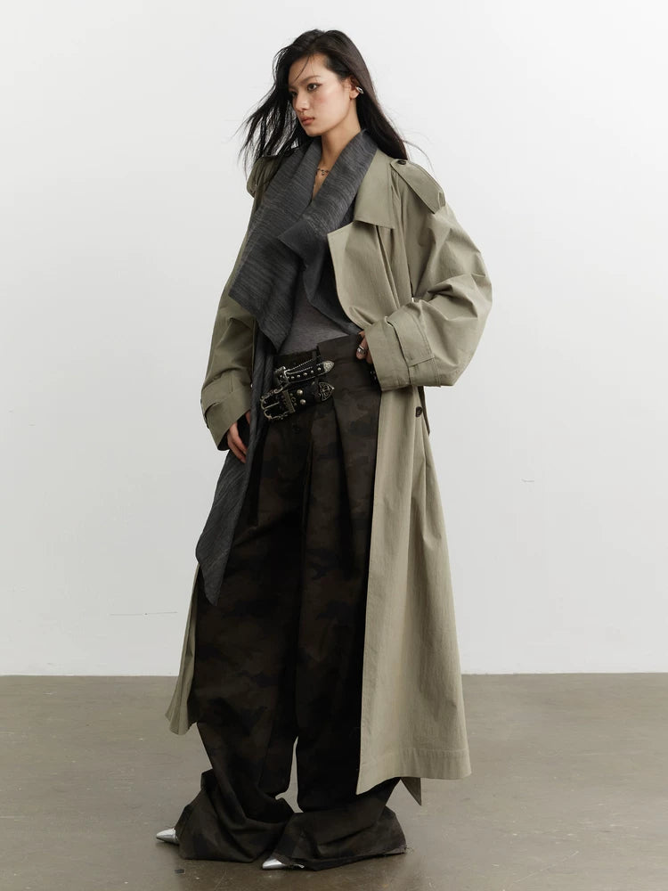 JNYLON Minimalist Loose Fake Two-piece Removable Collar Contrasting Color Long Trench Coat