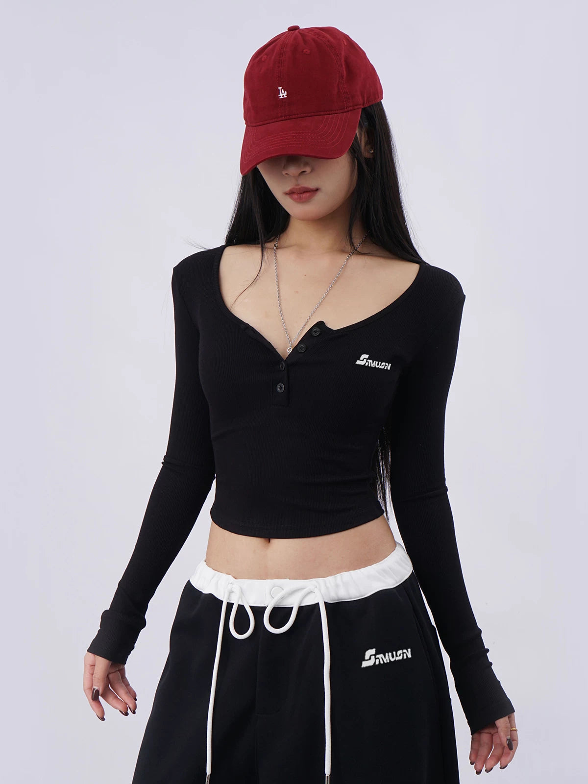 SAMUSAN Semi-open Neck Slim-fitting Versatile Long Sleeves