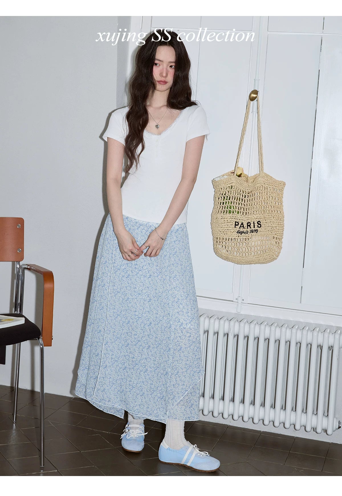 XUJING Floral Irregular Drape Thin Skirt