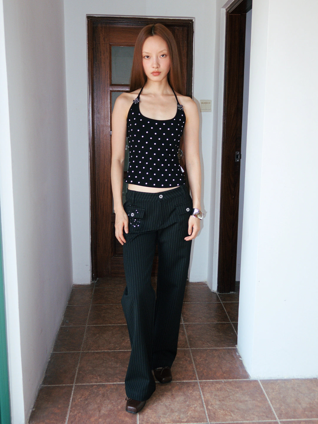 FUNKYFUN Medium and Low Waist Hot-drilled Pinstriped Flared Pants (Clearance)