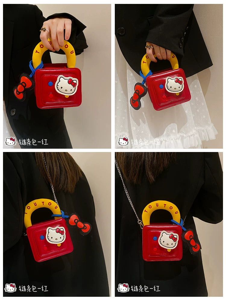 TOUTOU Faux Leather Drawstring Bucket Bag - Hello Kitty Chain