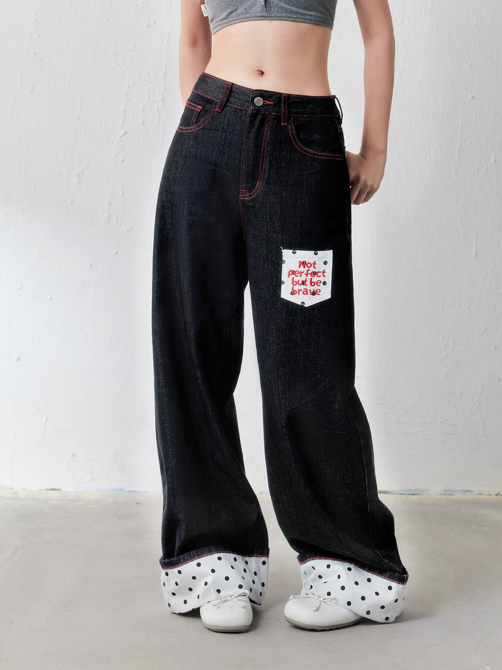 MASOOMAKE High-Waist Wide-Leg Embroidered Jeans
