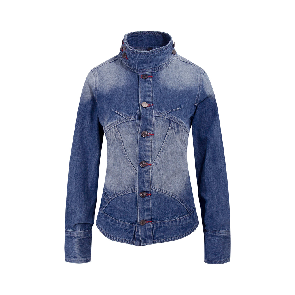 NOMANIAI Retro Old Washed Stand-up Collar Slim Denim Jacket