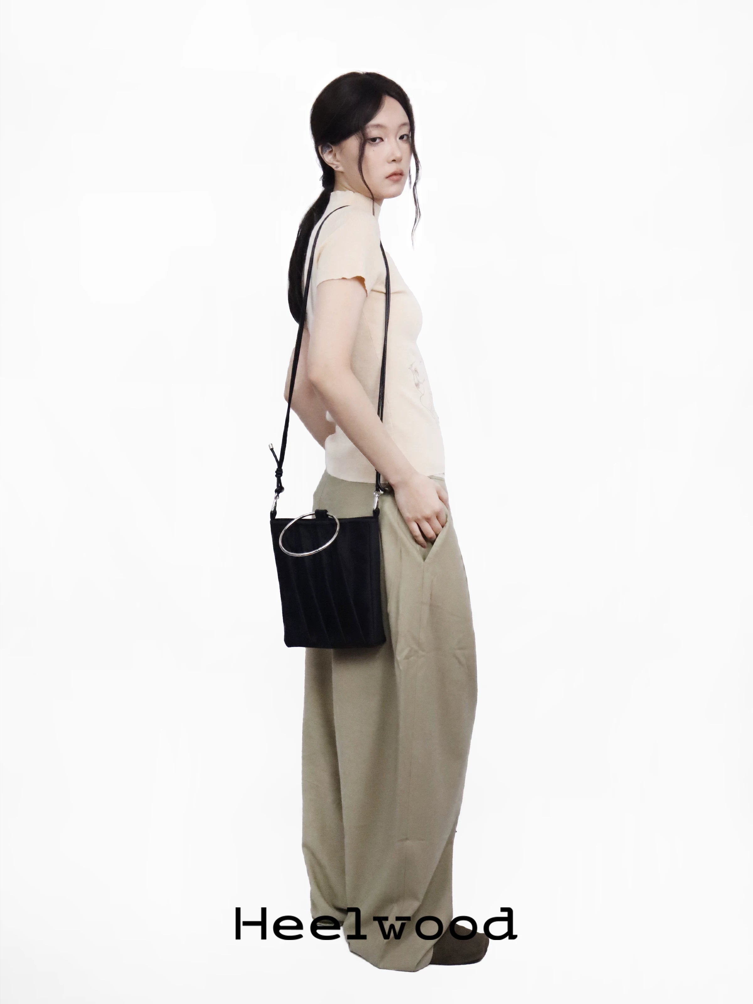 Heelwood Ink Bamboo Faux Leather Pleated Shoulder Bag - Magnetic Snap