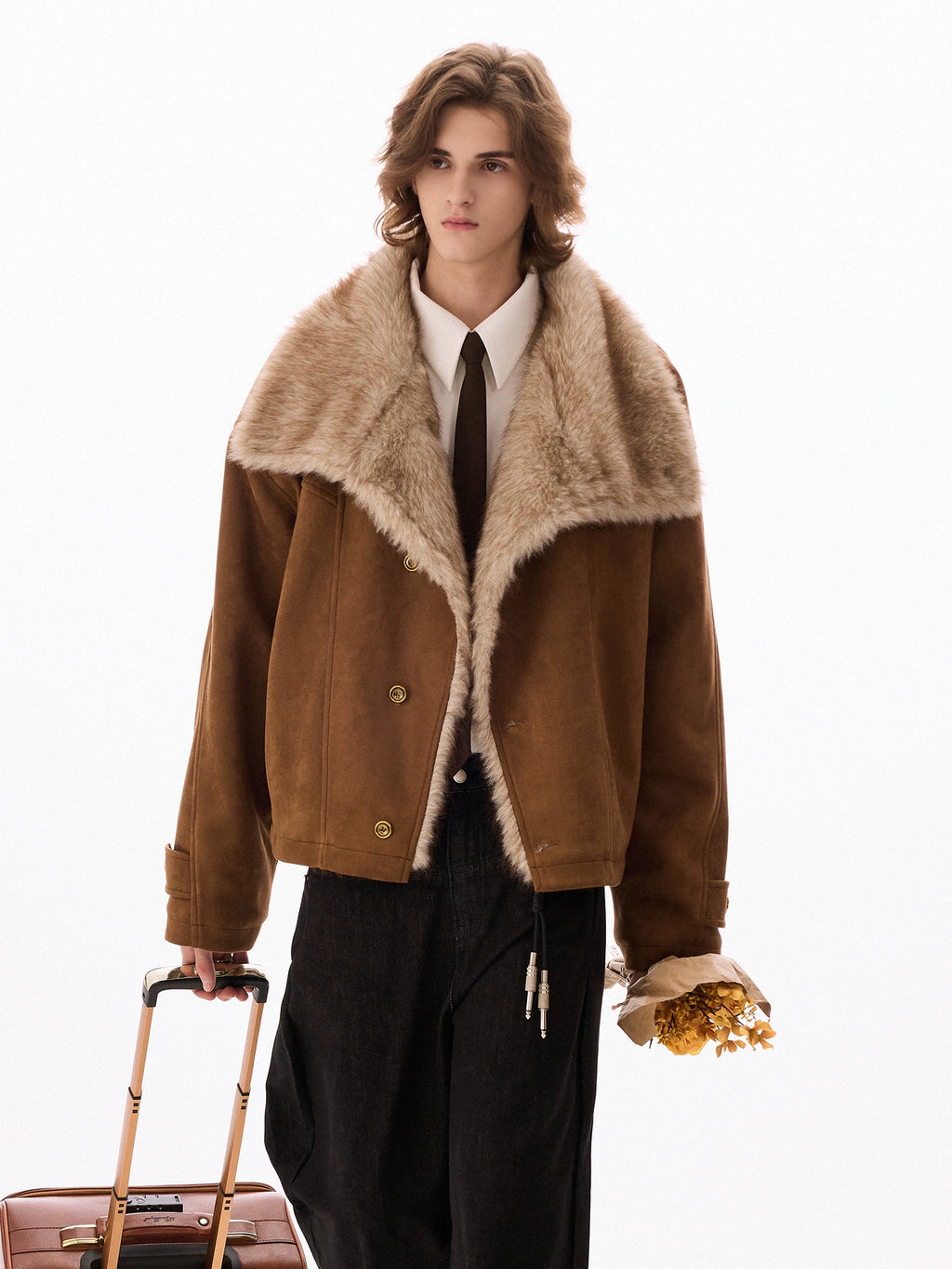 CHOR | 320g Faux Suede Bomber Jacket with Faux Fur Collar