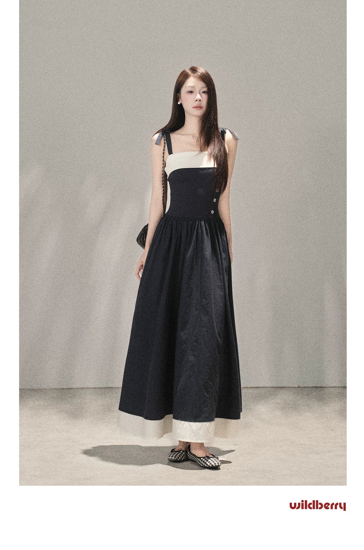 Wildberry Korean Style Strappy Dress with Patchwork Design High-Waist Long Dress