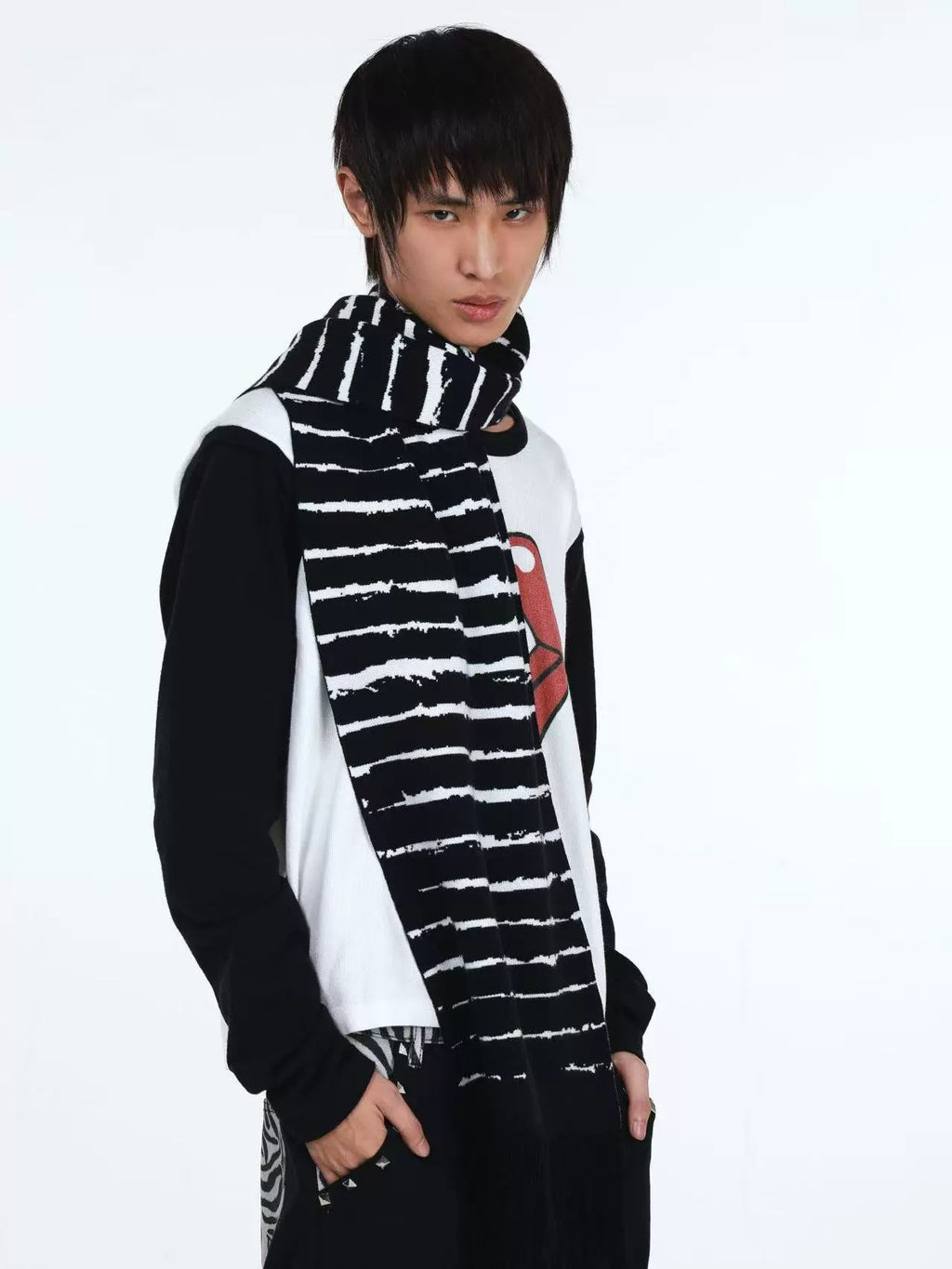 DETW Striped Knitted Fringed Scarf Scarf
