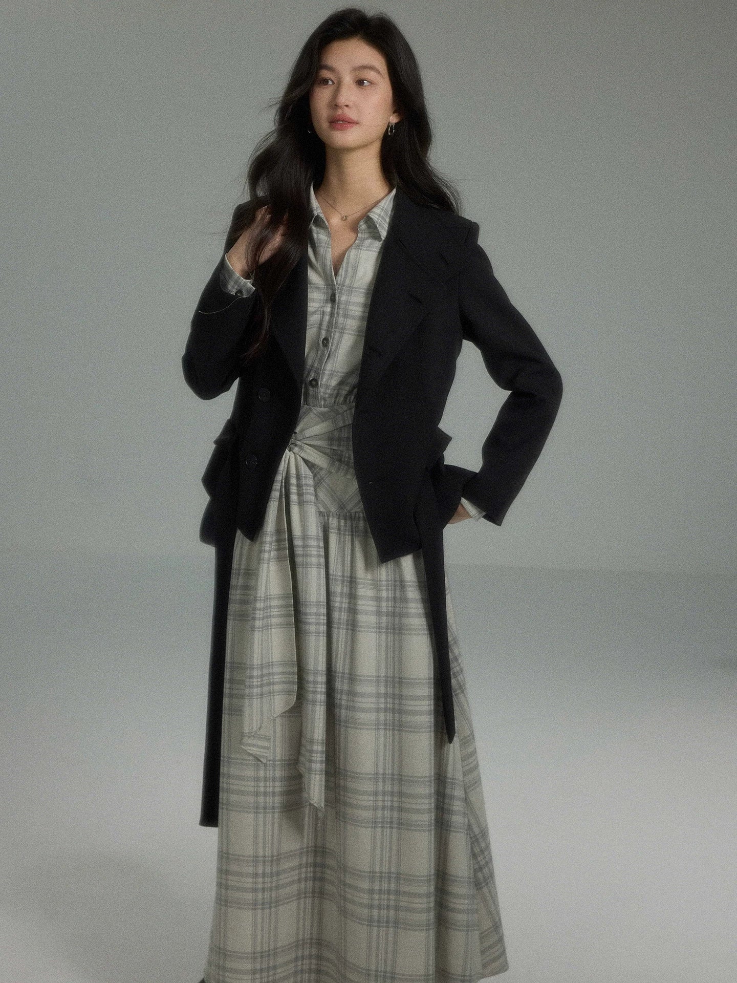 TYANG Temperament Commuter Plaid Waist Dress
