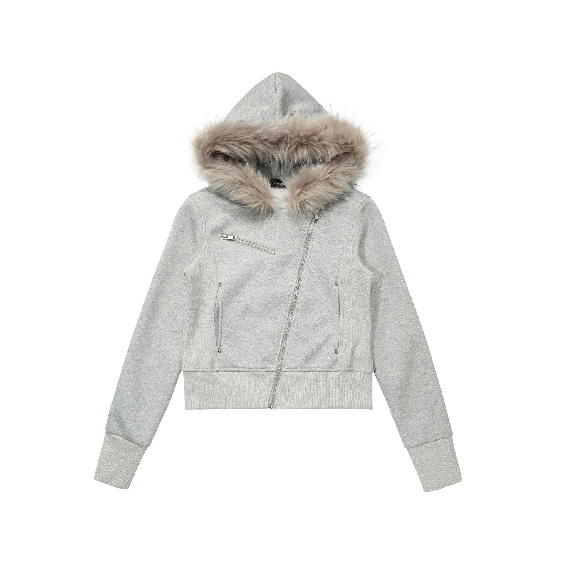 CHANYOOU Retro Diagonal Zipper Short Fur Collar Hooded Sweater