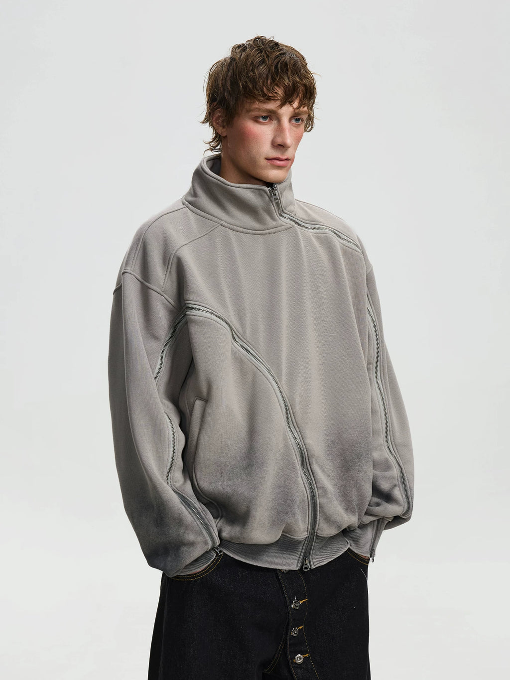 BTSG niche silhouette irregular zipper stand-up collar jacket
