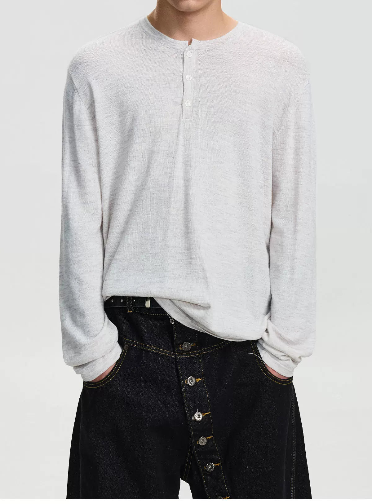 BTSG retro linen blend texture Henry neck knitted long sleeve sweater