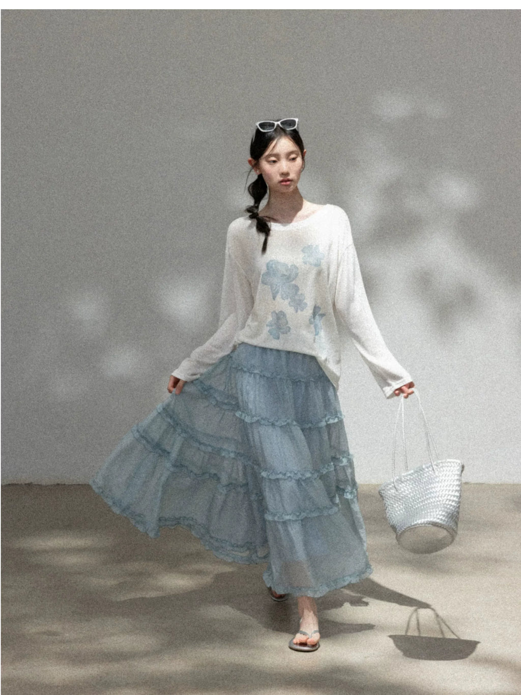 Cantonstory Lazy Crew Neck Thin Long Sleeve Skirt Set