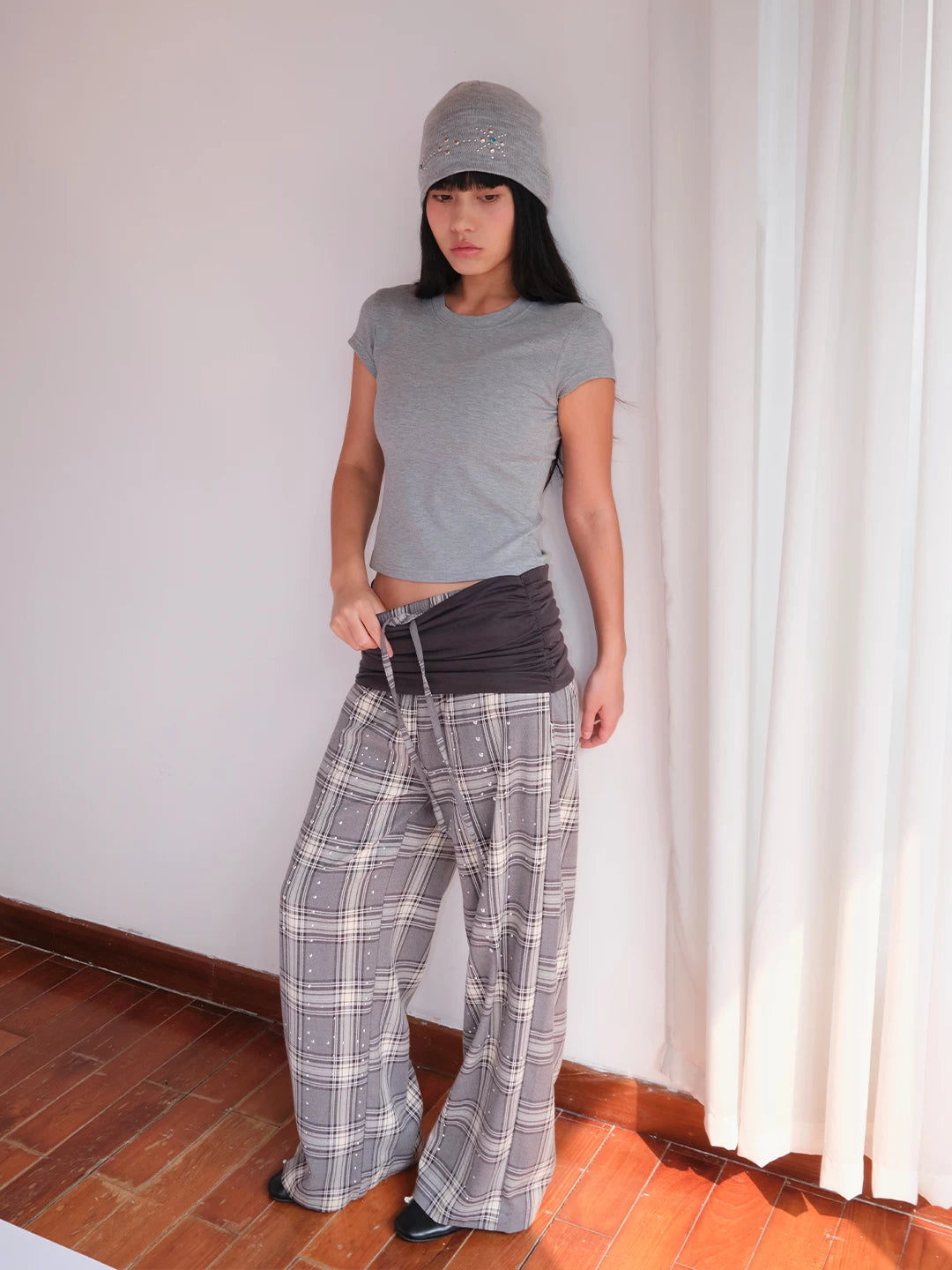 FUNKYFUN Waist Stacked Plaid Slacks
