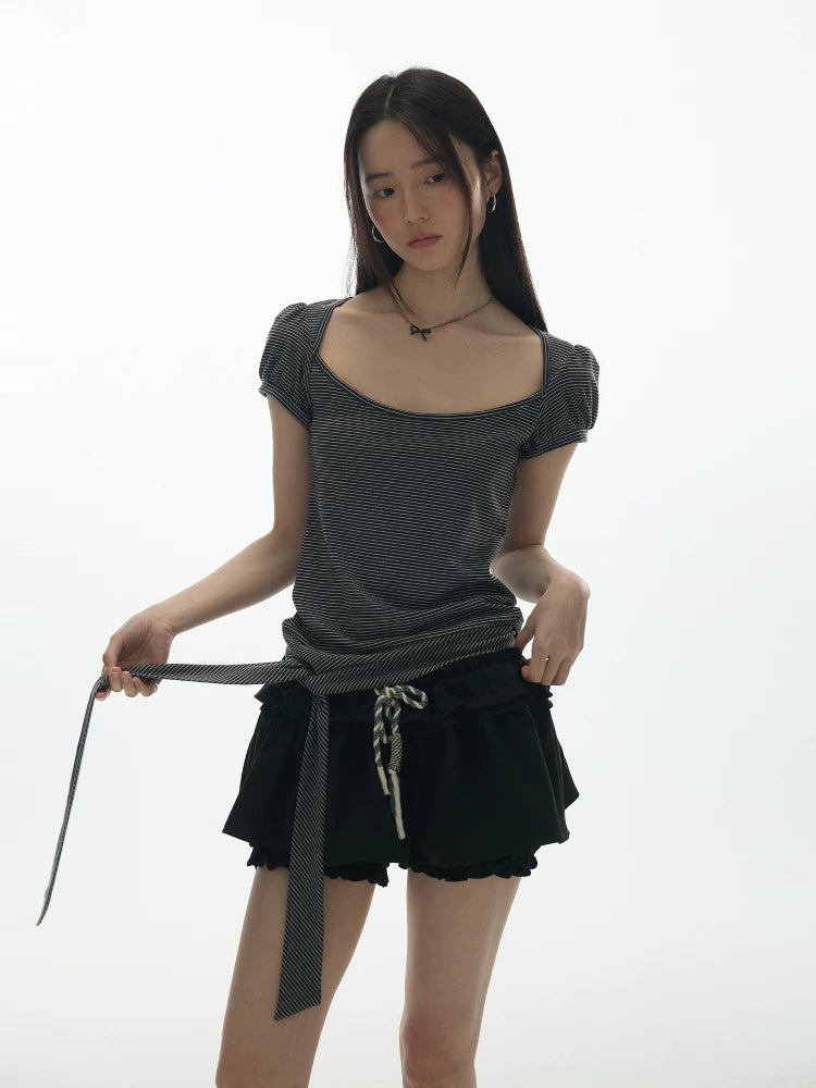 Yawhat Polka Dot Bubble Sleeve U-Neck Tee