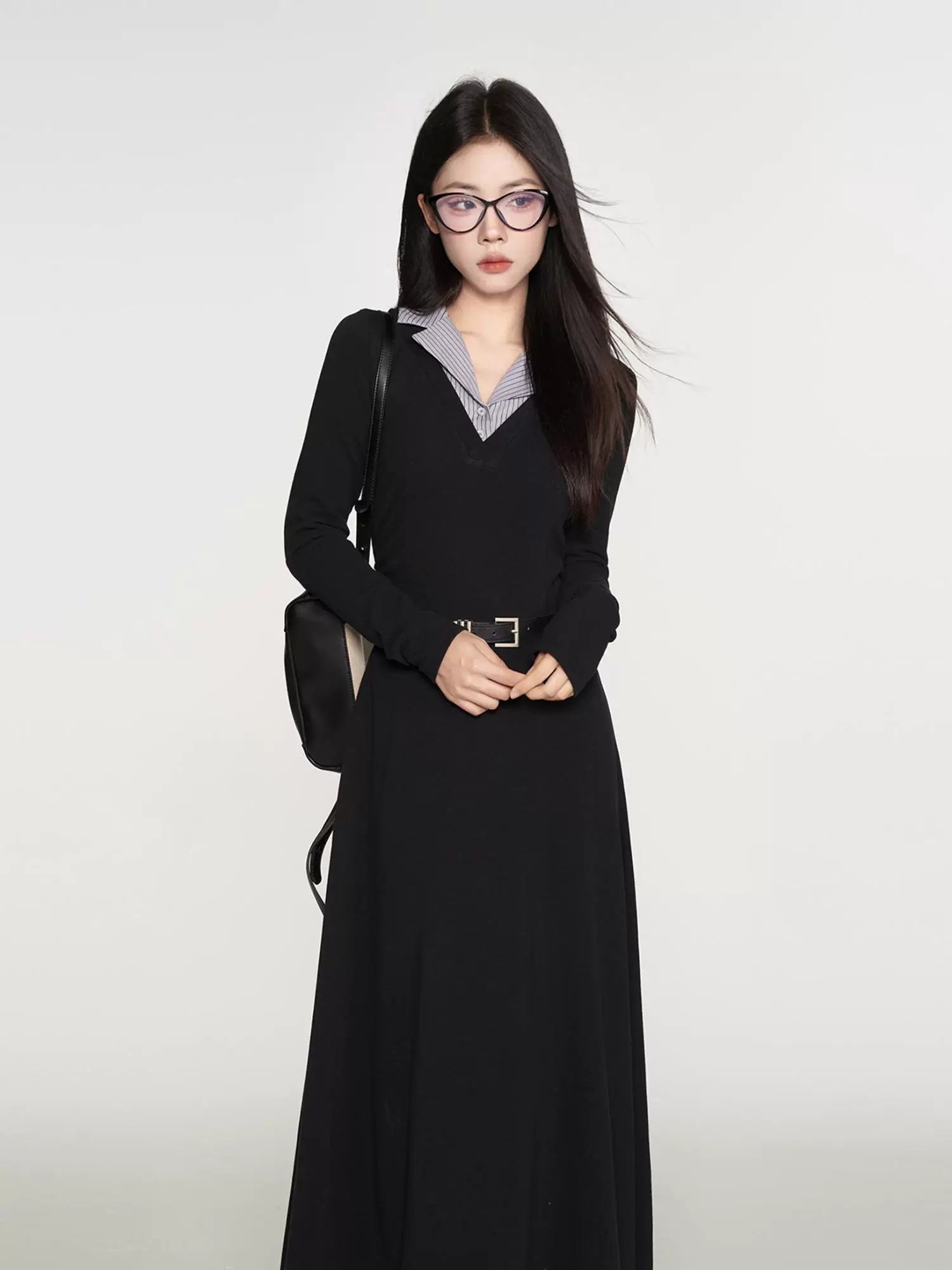 Wildberry Korean Lapel Patchwork Fitted A-Line Dress