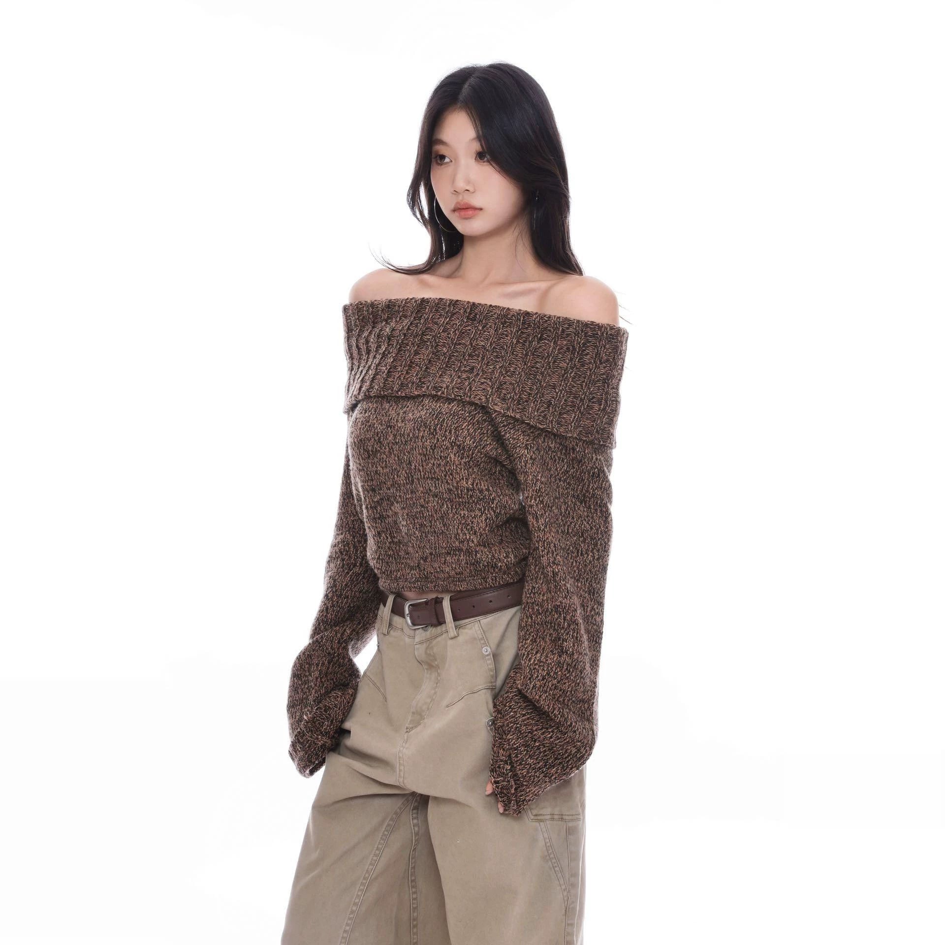 WITHMIN One-word Collar High-end Sense Versatile and Thin Knitted Sweater