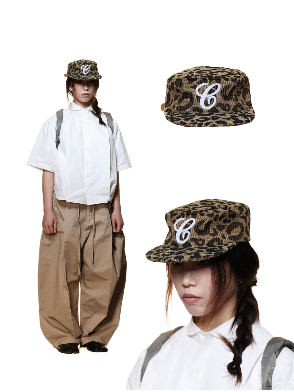 6CRAYON Leopard Print Embroidered Flat Brim Baseball Cap