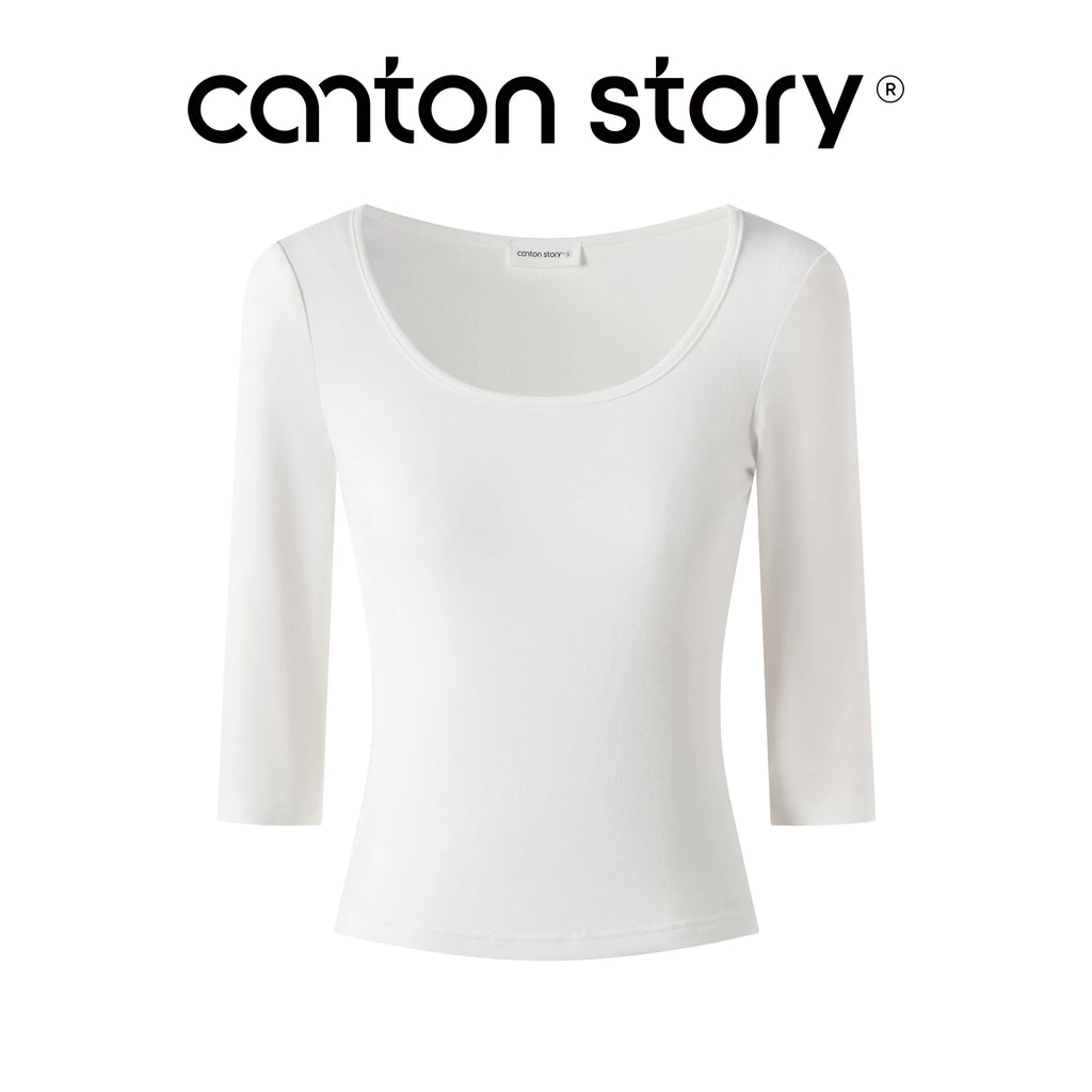 Cantonstory White U-Neck Fitted Long-Sleeve Tee