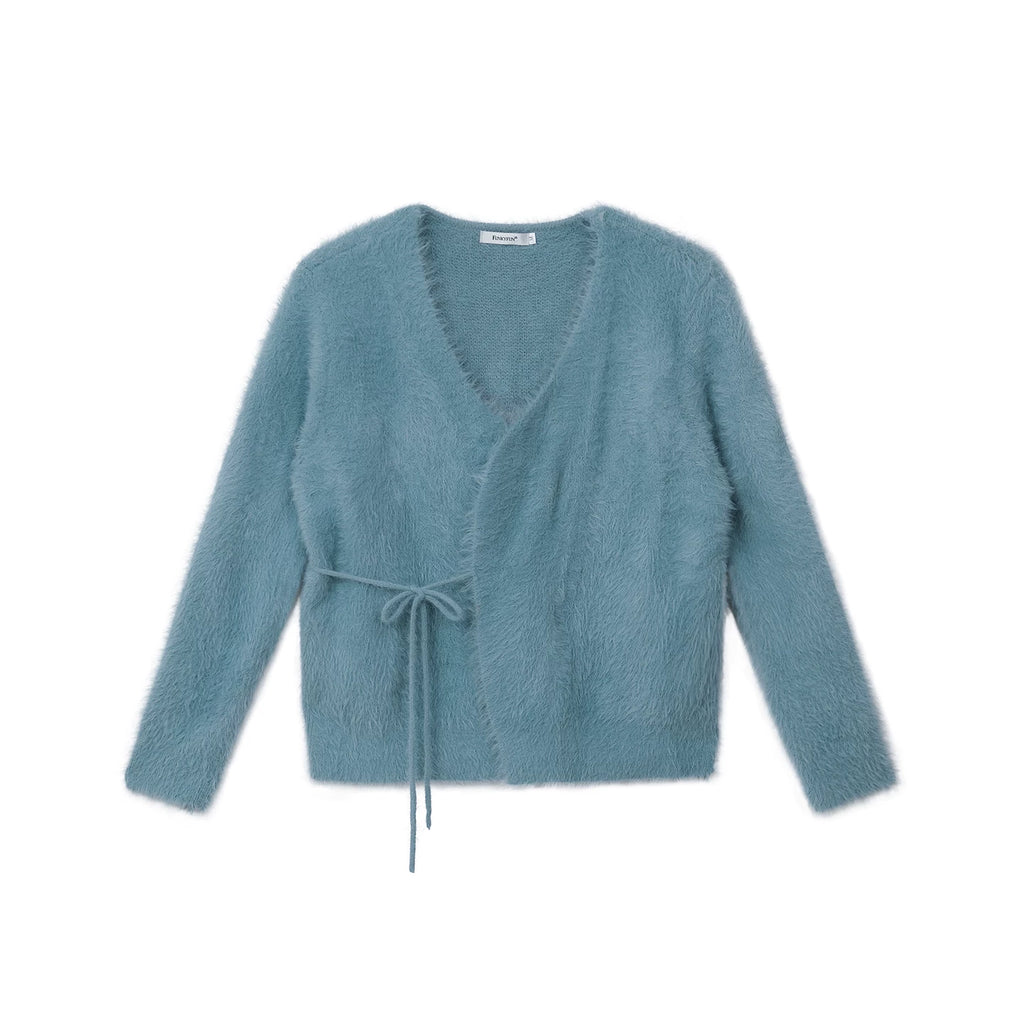 FUNKYFUN Tie-Front Faux Fur V-Neck Cardigan