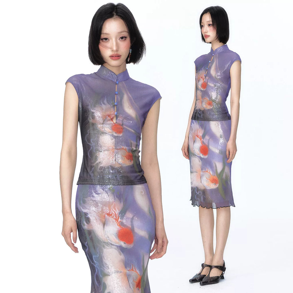 YEDM Golden Fish Night Swim Cheongsam Top & Skirt Set