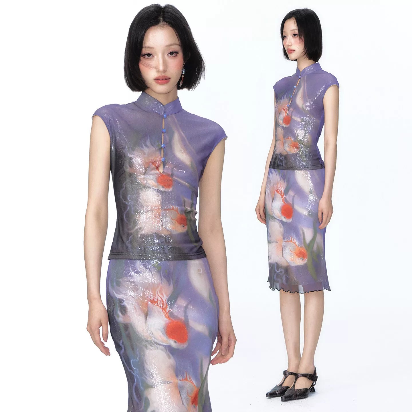 YEDM Golden Fish Night Swim Cheongsam Top & Skirt Set