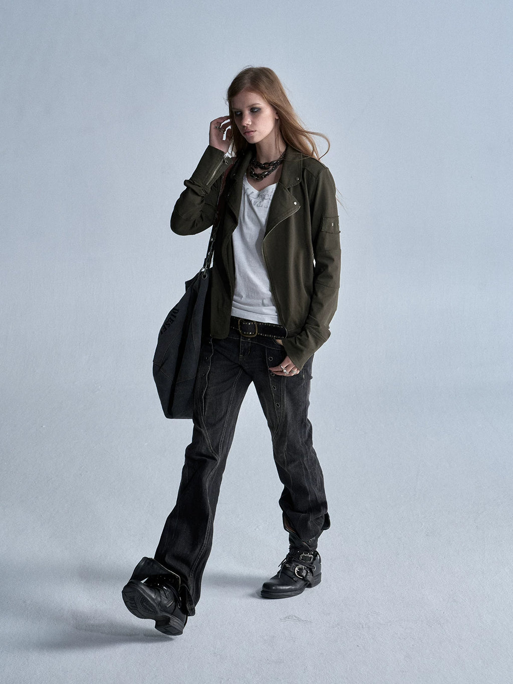 wear And tear Slant-Front Zip Washed Punk Lightweight Jacket
