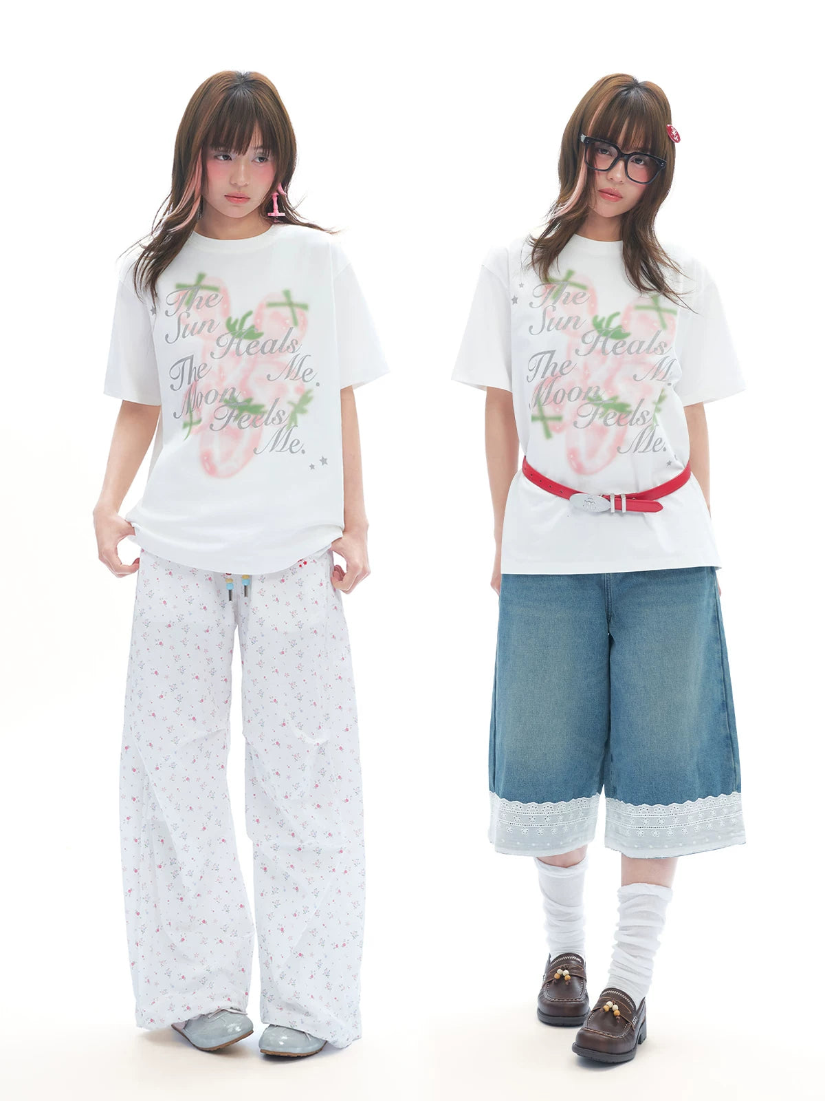 MASOOMAKE Strawberry Print Loose-Fitting White Tee