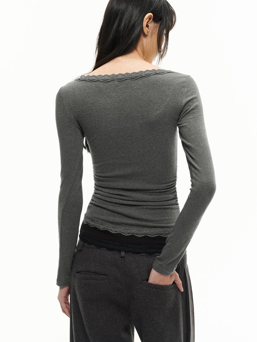JCAESAR WOMEN Pleated Lace-Trim Merino Wool Blend U-Neck Slim Fit Tee