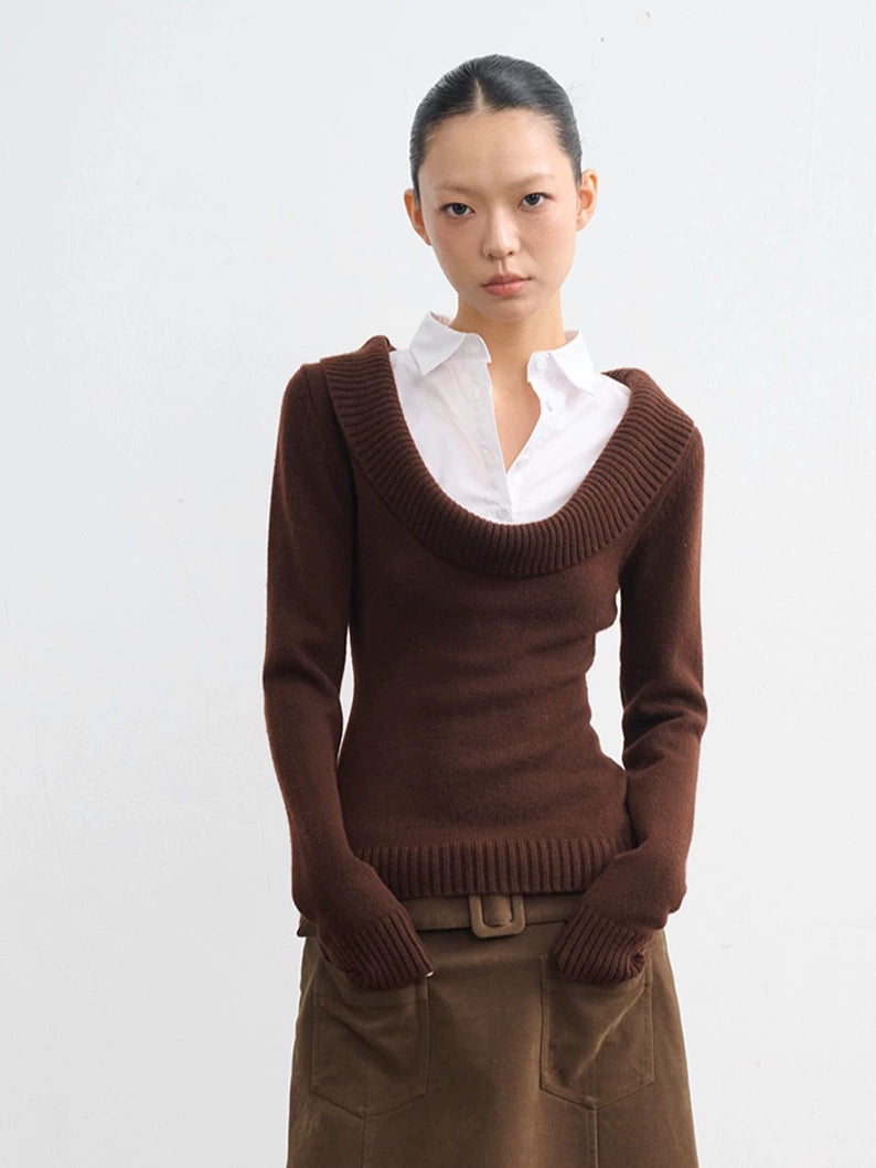 LINY LIBERTY Deep U-neck Fake Two-piece Slim-fit Knitted Sweater (Clearance)
