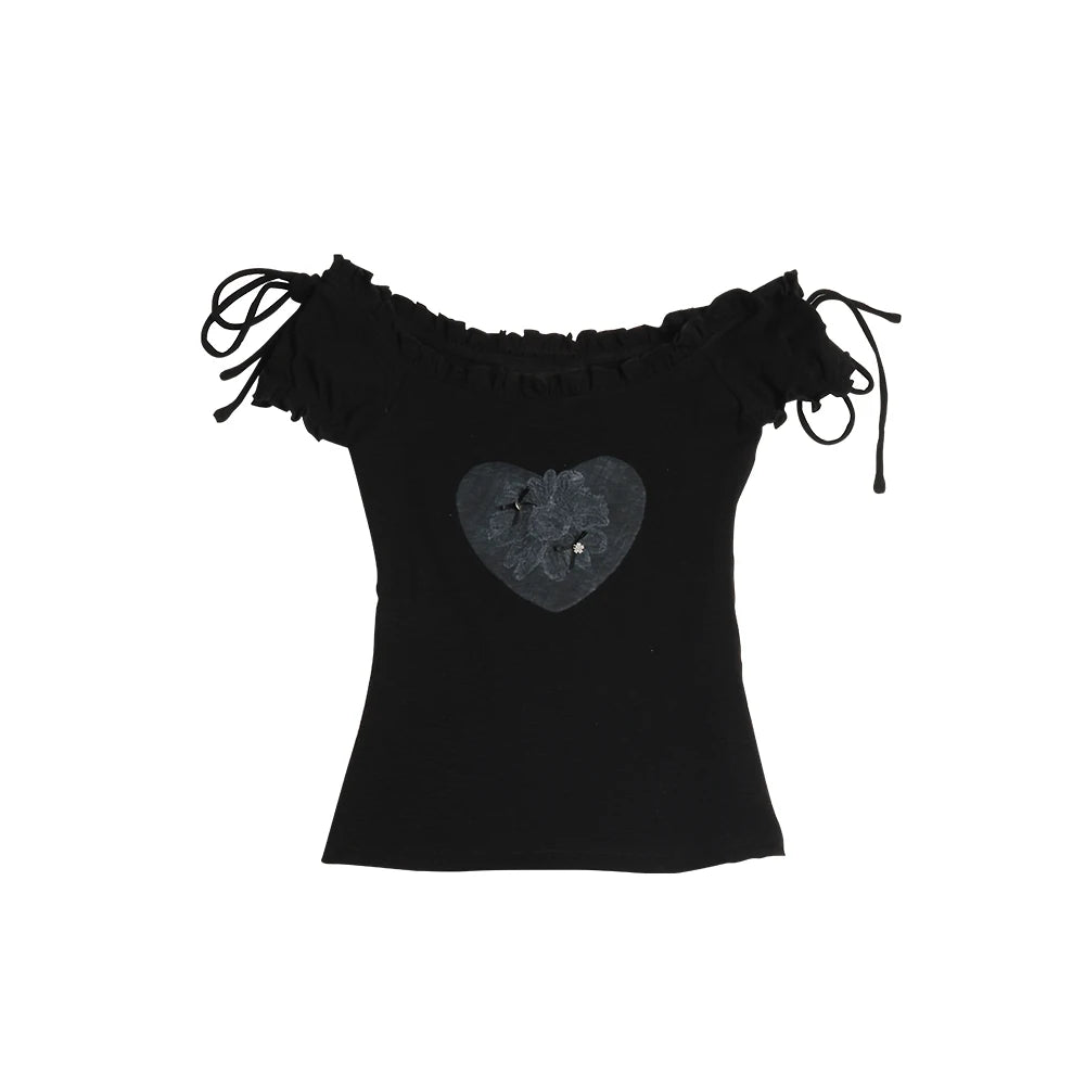 Two days off lab Heart Print Off-Shoulder Cropped Tee
