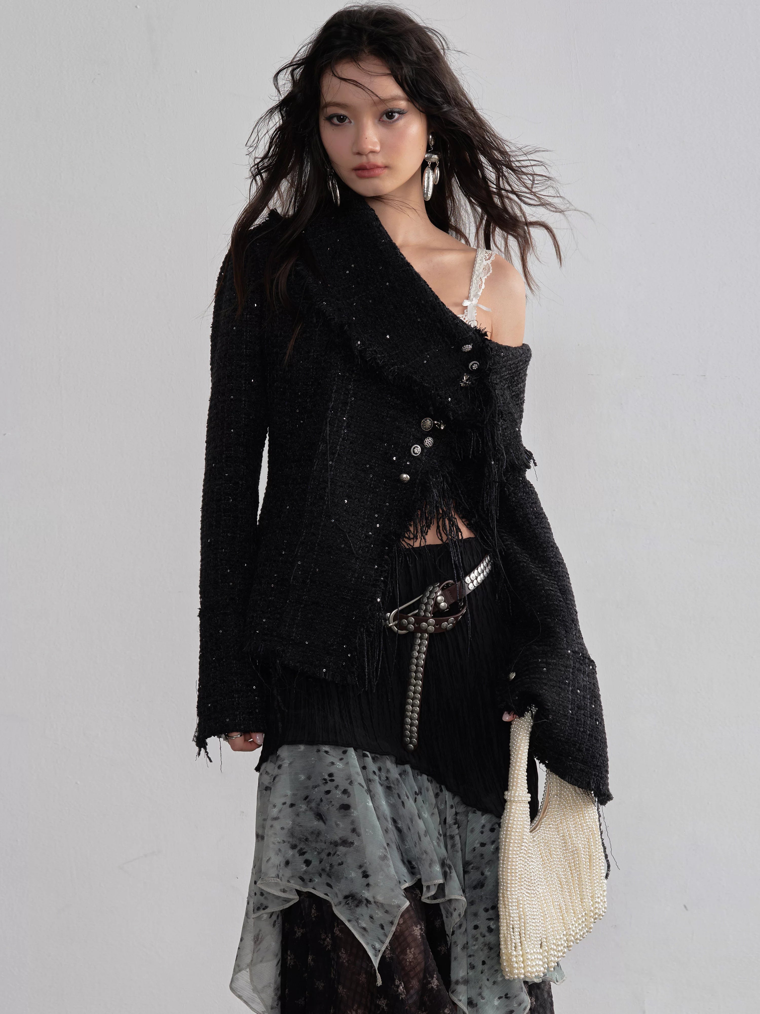 JNYLON Tassel Slanted Front Metal Button Chanel-style Jacket