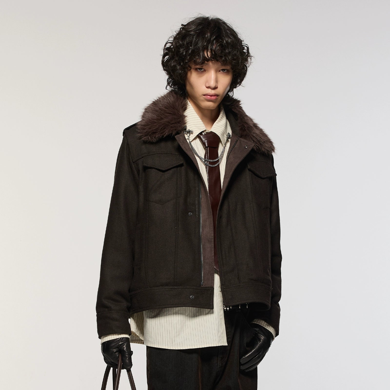 Azure Lisseur Vintage Fur Collar Fishbone Jacket