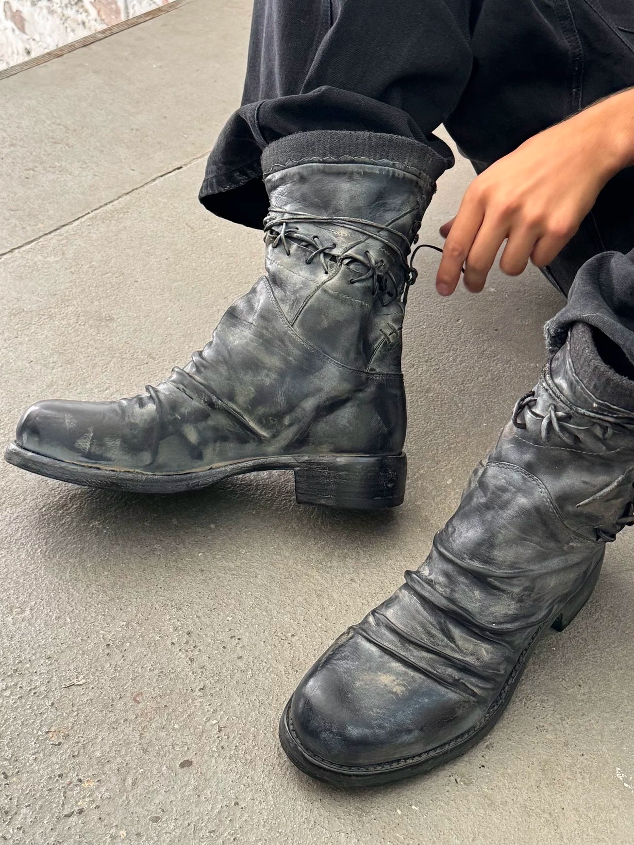 VOWPROGRESS Washed Horsehide Lace-Up Combat Boot