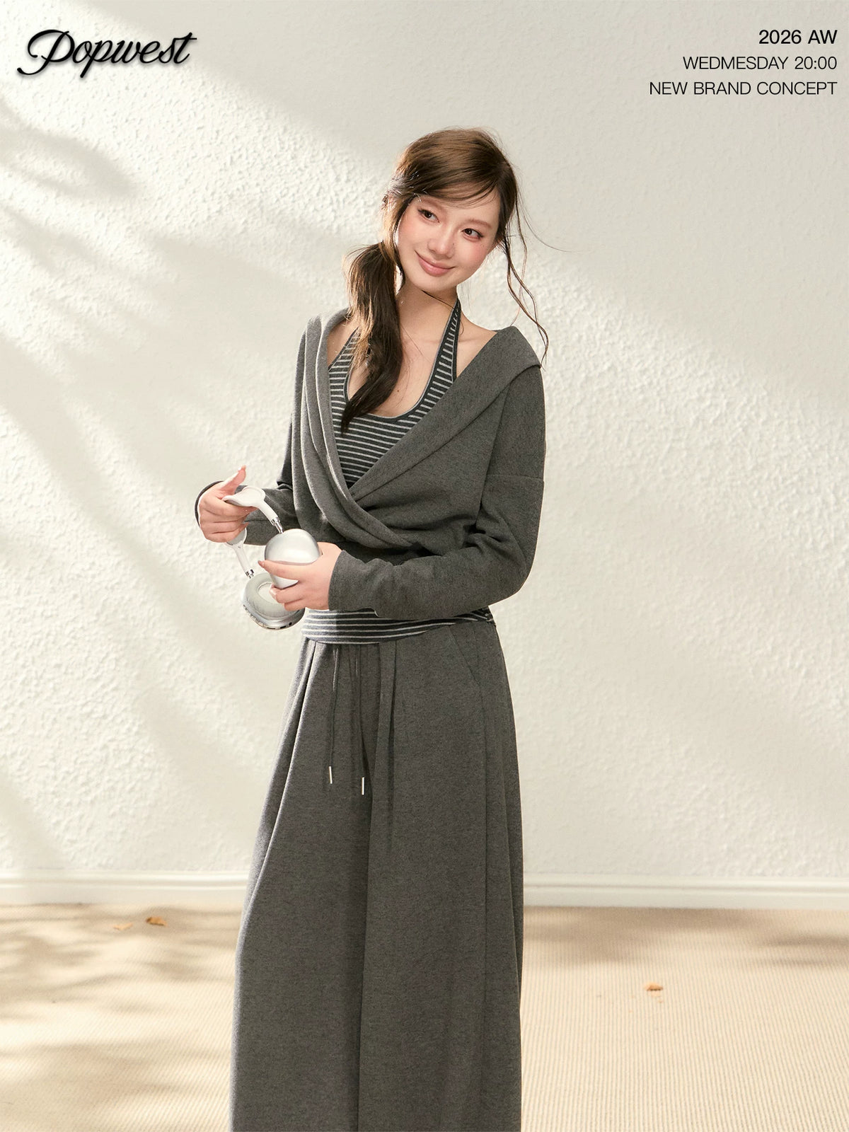 POPWEST V-Neck Loose Wide-Leg Two-Piece Set