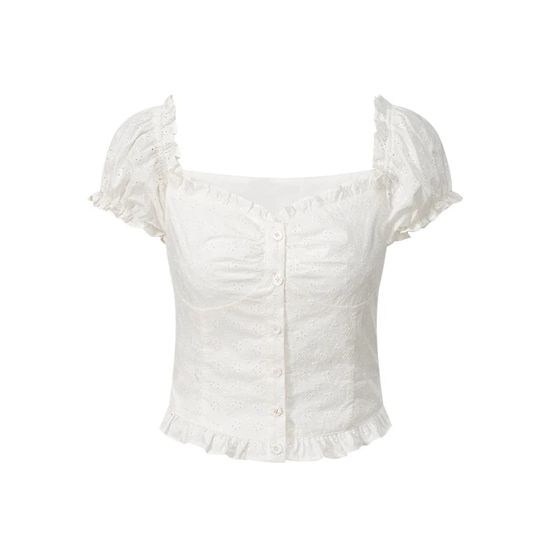 POPWEST Cutout One-Shoulder Puff-Sleeve Blouse