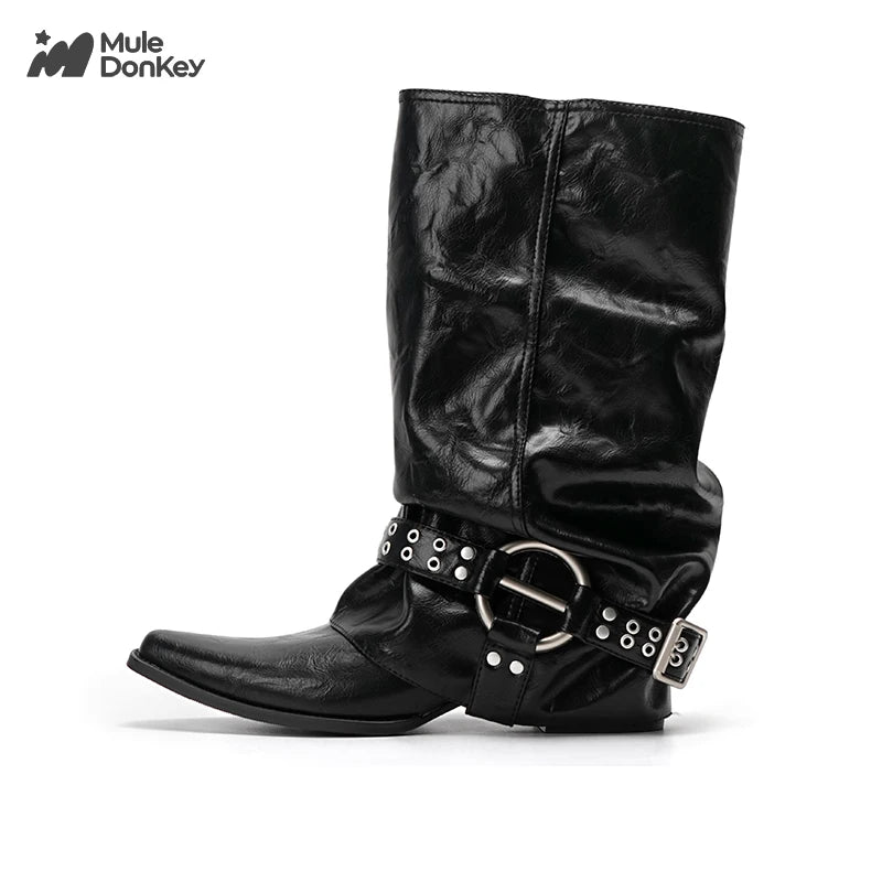 Mule Donkey Suede Pointed-Toe Western Mid-Calf Boot