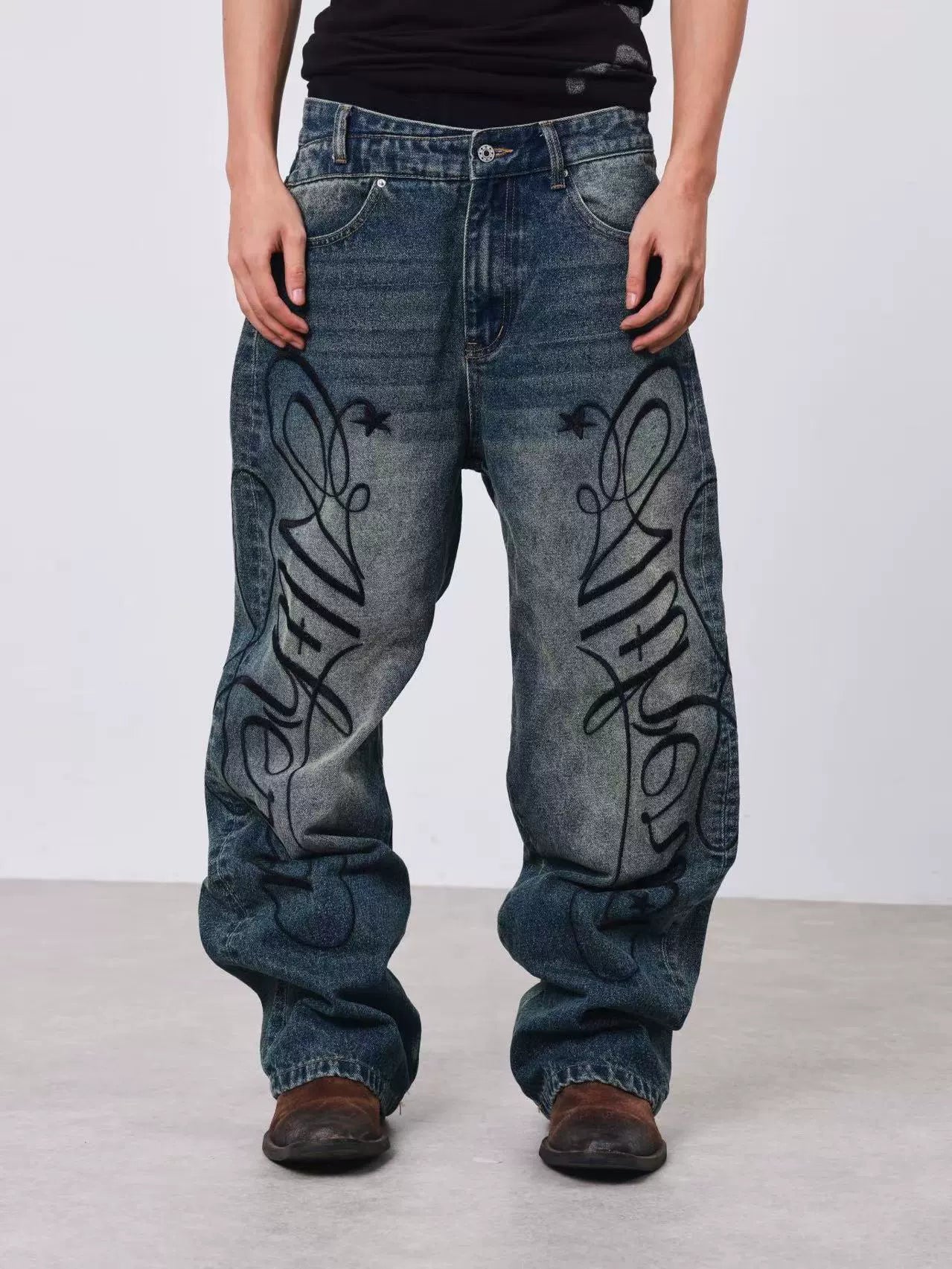 DETW Embroidered Print Vintage Loose Straight Jeans
