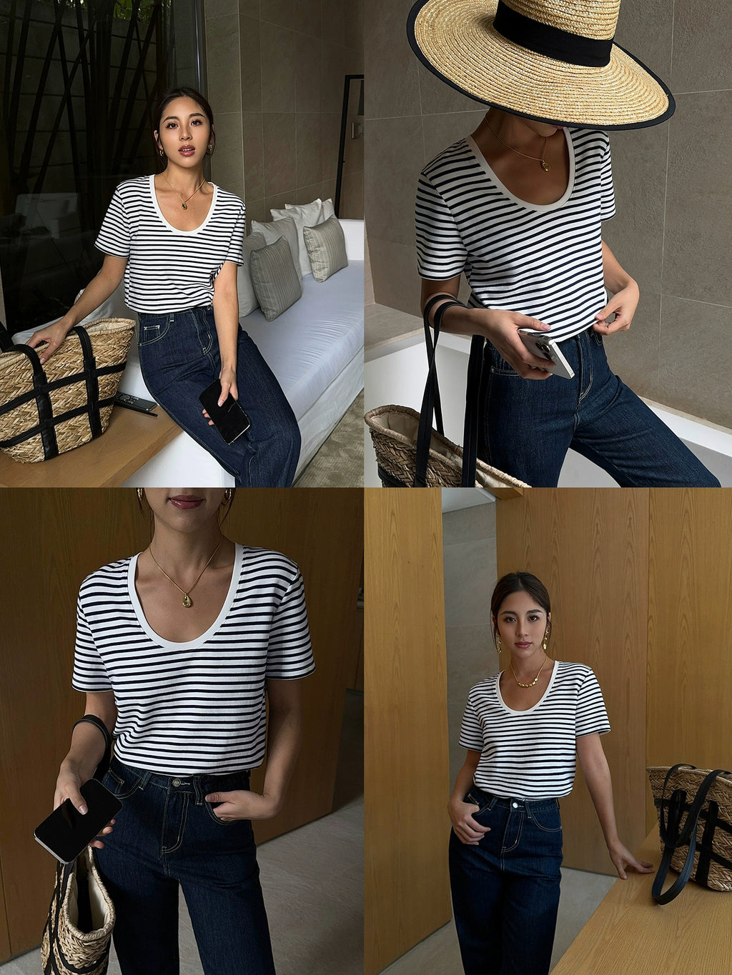 NEVA HU Striped U-neck Versatile Casual Tee