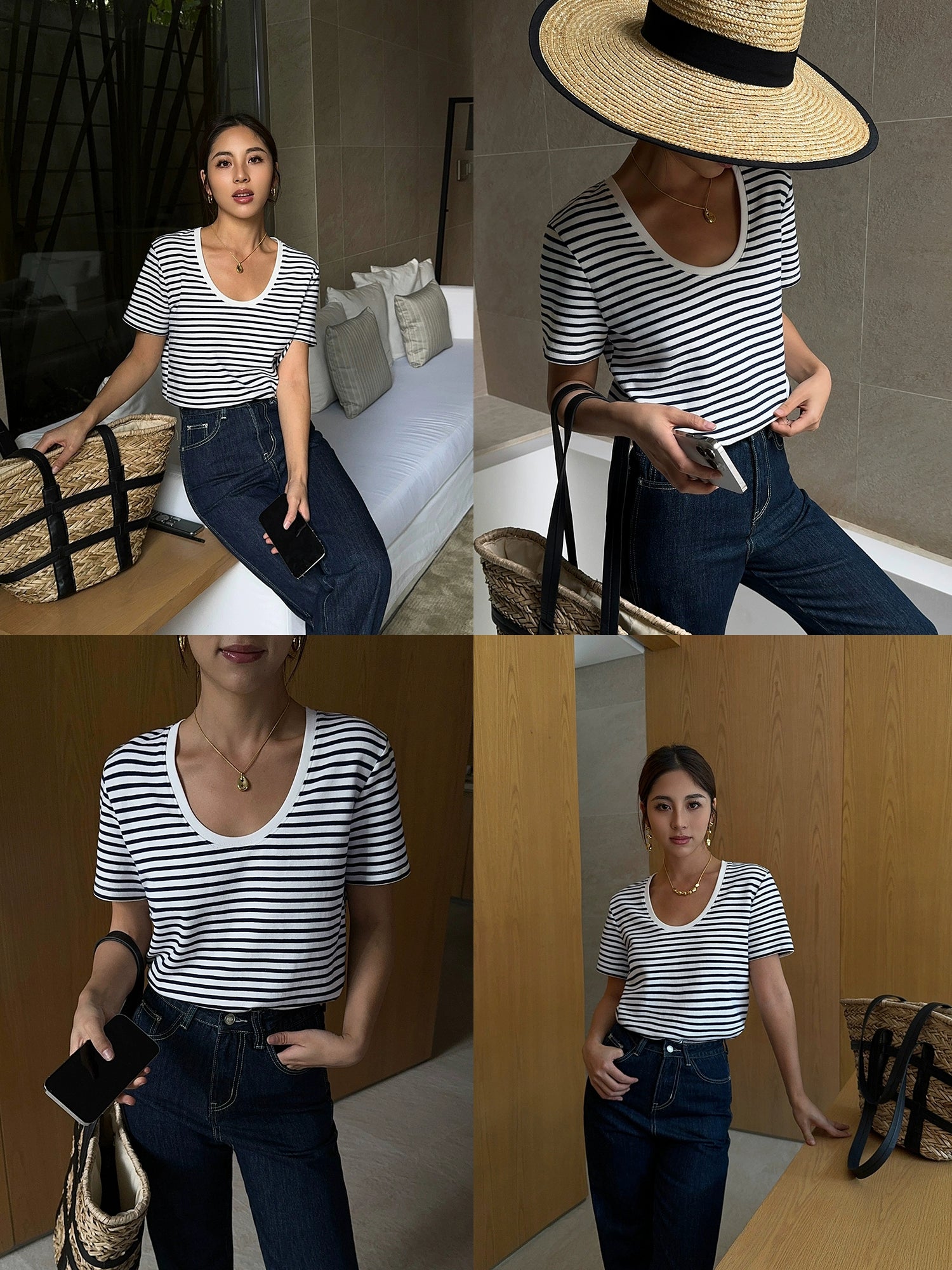 NEVA HU Striped U-neck Versatile Casual Tee