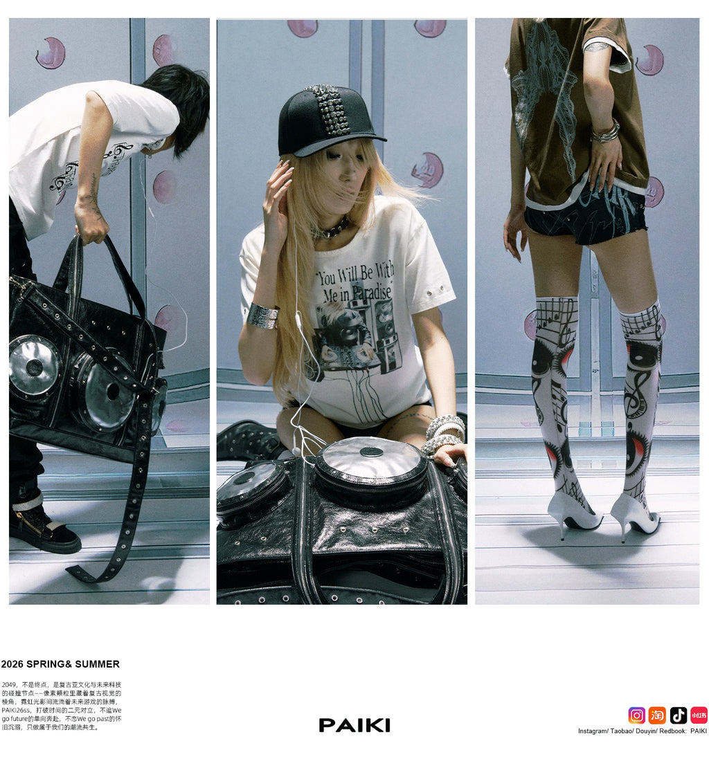 PAIKI Leopard Rough Sleeves Crew Neck Front Shoulder Tee