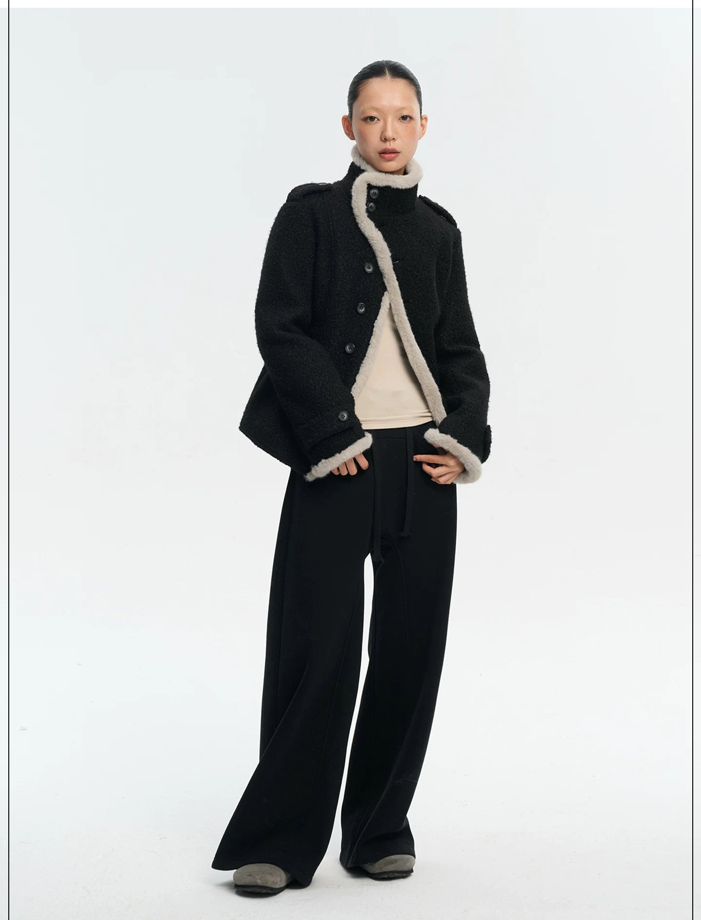 LINY LIBERTY Contrasting Top Stitching Stand-up Collar Woolen Jacket