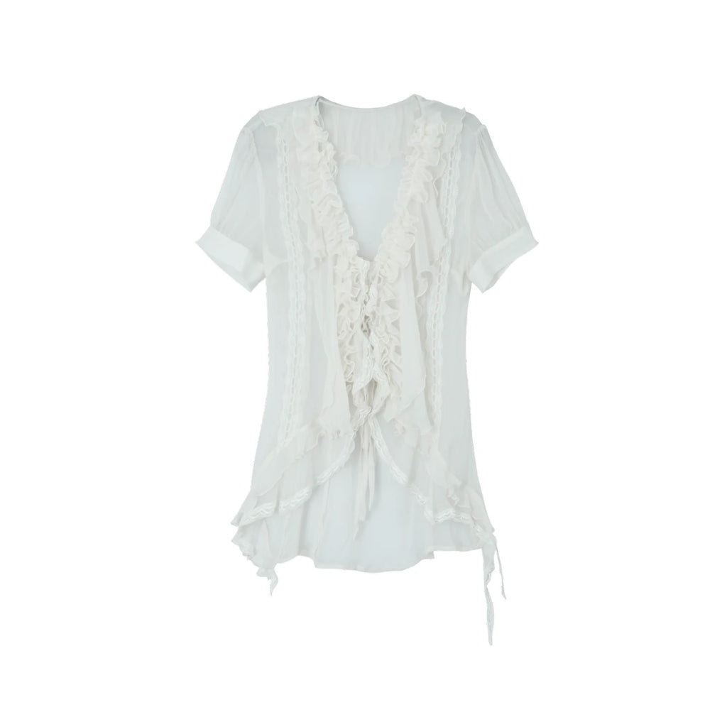 DoublePunch Jellyfish Ruffle Asymmetric Hem Breathable Tie-Waist Top